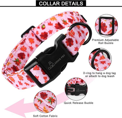 ARING PET Fall Dog Collar Pink Maple Leaf Rugby Dog Collars, Cotton Lightweight Thanksgiving Turkey Dog Collars Puppy Collar for Small Medium Large Dogs
