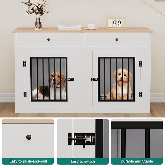 YITAHOME 60" Wooden Dog Crate Furniture with Removable Divider & Storage Drawers, Double Door Kennel with Locks for Medium and Large Dogs, Multi-Functional Dog Crate End Table for Indoor use, White