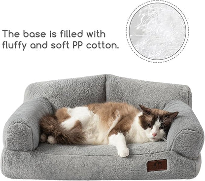 Hollypet Fluffy Plush Pet Cat Couch Soft Calming Pet Sofa Bed for Medium Small Cats and Dogs, Silver Gray