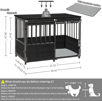 KOOPRO 40 Inch Dog Crate Furniture with Cushion for Small Medium Dogs, Wooden Heavy Duty Dog Kennel with Double Doors, Decorative Pet House Dog Cage Side End Table Indoor, Sliding Door Chew-Resistant