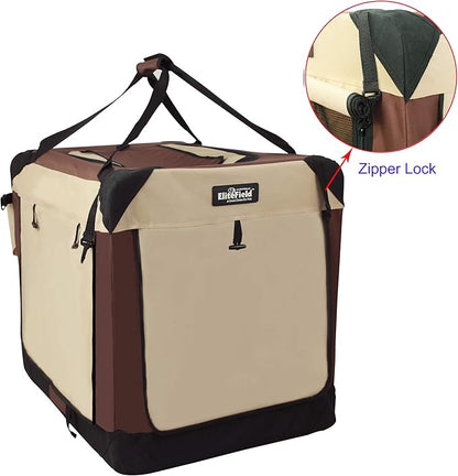 EliteField 4-Door Folding Soft Dog Crate with Curtains, Carrying Bag and Fleece Bed (2 Year Warranty), Indoor & Outdoor Pet Home (42" L x 28" W x 32" H, Brown+Beige)