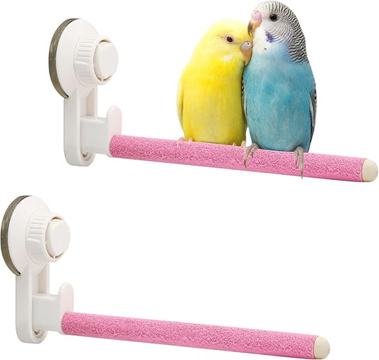 2Pcs Suction Cup Bird Perch,Wooden Parrot Window/Mirror/Car/Travel/Shower Perches Stand Quartz Portable Parakeet Grinding Stick Training Toys for Small and Medium Birds(Pink)