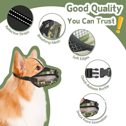 Dog Muzzle for Large Medium Small Dogs, Soft Mesh Muzzle for Dogs with Reflective Adjustable Strap, Prevent Biting Chewing and Licking, Dog Nose Open Design for Reduction Friction (Camo, L)