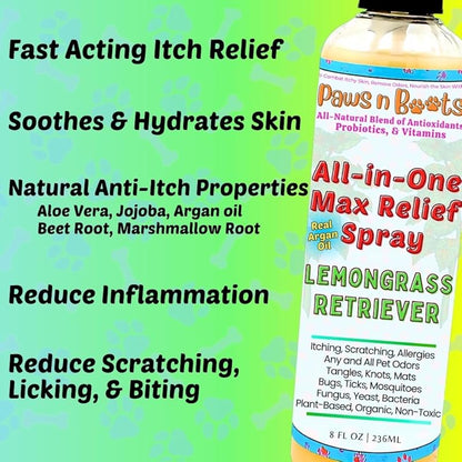 All-in-One Dry Shampoo Spray  100% Natural, Plant-Based. Removes All Pet Odors, Tangles, & Mats. Fast Relief for Itching, Inflammation. Safe to Use on Toys, Clothes, Furniture, Pets. Tear Free. Lemongrass