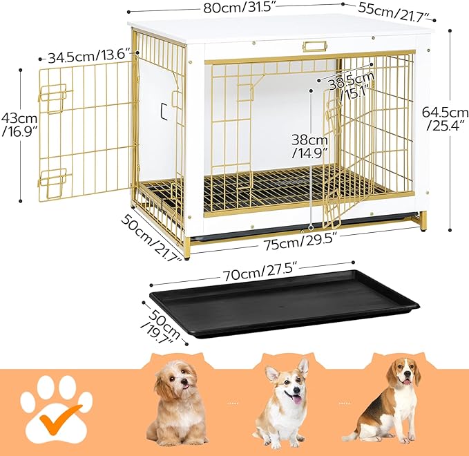 HOOBRO Dog Crate Furniture, 32.5" Medium Dog Kennel Indoor, Wooden Cage with Pull-Out Tray, Double Doors Pet House Side End Table for Medium/Small Dogs, White DW802GW03