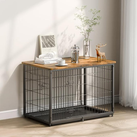 VEVOR 38" Dog Crate Furniture With Double Doors, 2-in-1 Decorative Wooden Kennel End Table, Removable Tray, Holds up to 70 lbs for Small, Medium Dogs - Brown