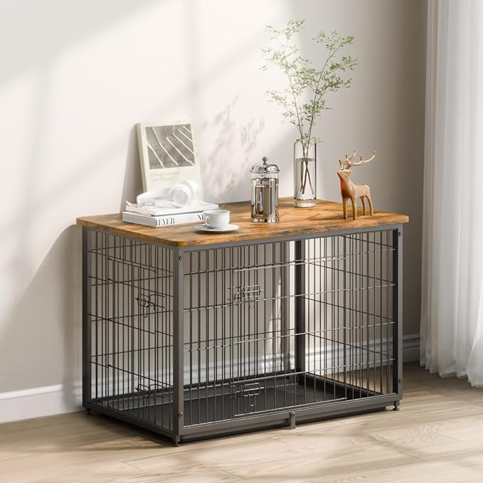 VEVOR 38" Dog Crate Furniture With Double Doors, 2-in-1 Decorative Wooden Kennel End Table, Removable Tray, Holds up to 70 lbs for Small, Medium Dogs - Brown