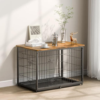 VEVOR 38" Dog Crate Furniture With Double Doors, 2-in-1 Decorative Wooden Kennel End Table, Removable Tray, Holds up to 70 lbs for Small, Medium Dogs - Brown