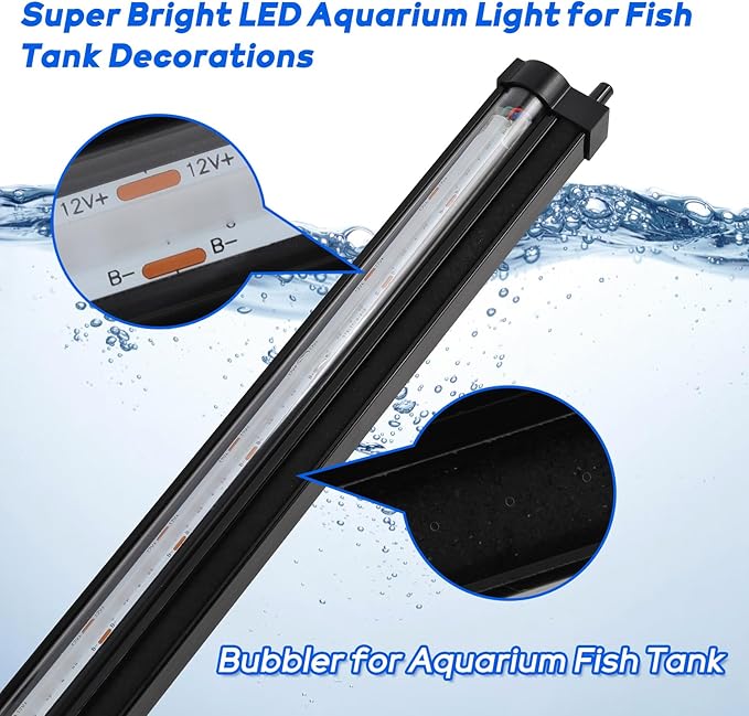 Bubble Fish Tank Light：Ip68 Waterproof Fish Aquarium Lights with Oxygen Boost for 12-17 inch Saltwater Freshwater Tanks -Submersible Led Lights with Remote for Aquatic Pet Plants Lovers
