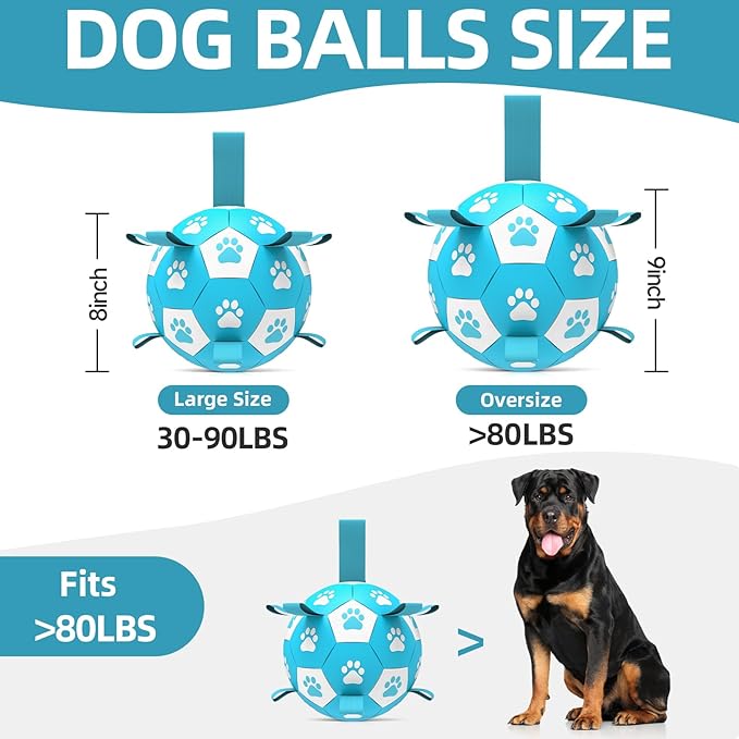Dog Toys Soccer Ball with Straps - Durable Dog Balls for Extra Large Dogs, Dog Tug Toys for Tug of War, Beach Pool Dog Water Toy, Puppy Dog Birthday Gifts, Herding Balls for Dog, Blue White (9 Inch)