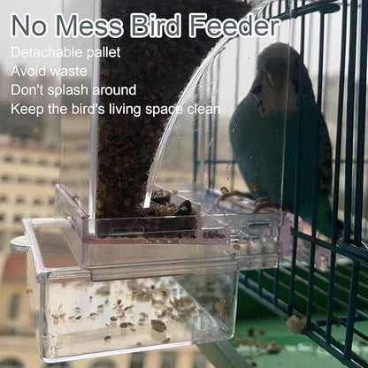 Automatic No Mess Bird Cage Feeder， 2Pack Acrylic Transparent Parrot Seed Feeders with Perch Parakeet Food Container Cage Accessories for Small and Medium Lovebirds Canary Cockatoo Cockatiel Finch