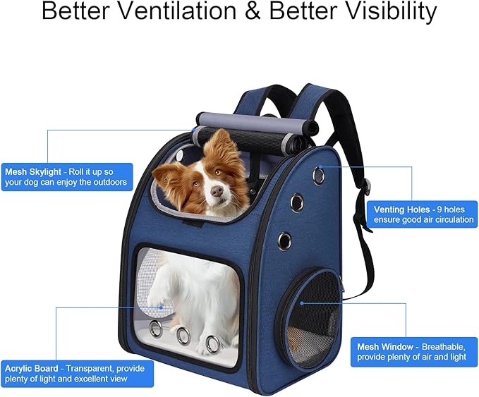 Expandable Pet Carrier Backpack for Cats, Dogs and Small Animals, Portable Pet Travel Carrier, Super Ventilated Design, Airline Approved, Ideal for Traveling/Hiking/Camping, Blue