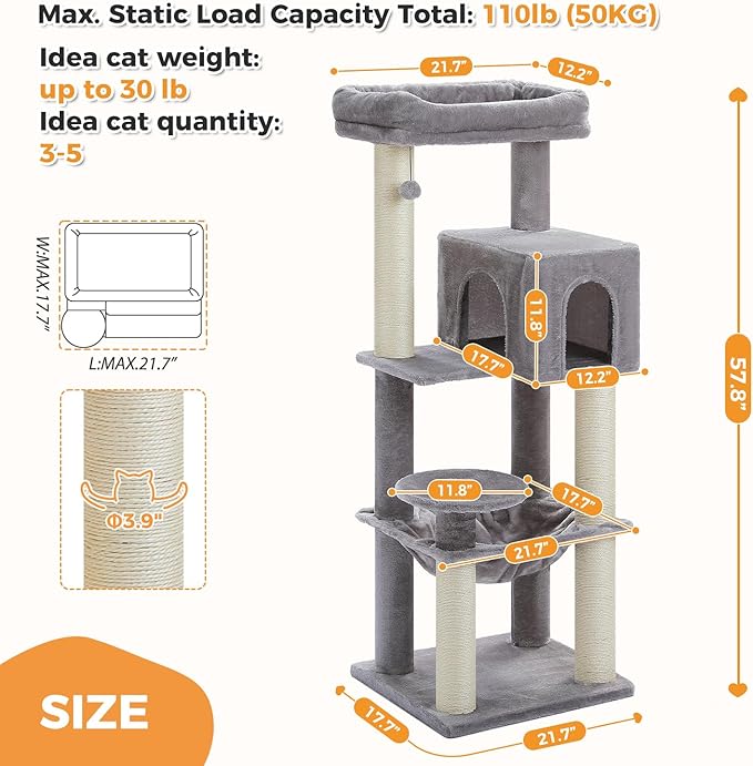 PETEPELA Cat Tree for Large Cats up to 30 lbs, 58" Heavy Duty Cat Tower with Reinforced Scratching Posts[ φ3.9”], Large Hammock, Spacious Condo & Top Perch, Sturdy Cat Furniture for Maine Coons, Grey