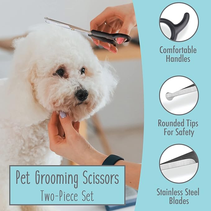 Dog Grooming Scissors, 2 Pack, Pet Scissors, Cuts Facial Hair and Body Fur, Stainless Steel with Safety Rounded Tips for a Painless, Smooth, and Clean Cut, Safe Dog Clippers for Grooming