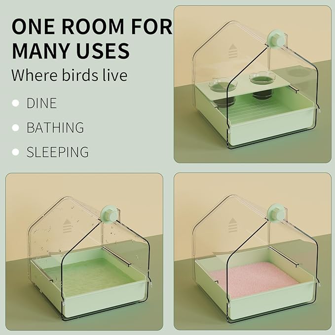 Hanging Bird Bath for Cage, 3-in-1 Multifunctional Bathtub -Bath, Feeder & House for Small to Medium Lovebirds, Finches, Parakeets – Essential Bird Cage Accessory (Green)