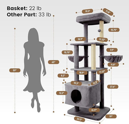 Gardner Pet 65in Heavy Duty Cat Tree Tower for Large Cats, Multi-Level Cat Furniture with Replaceable Sisal Scratching Post, Hammock | Extra-Large Platform & Condo (Grey)