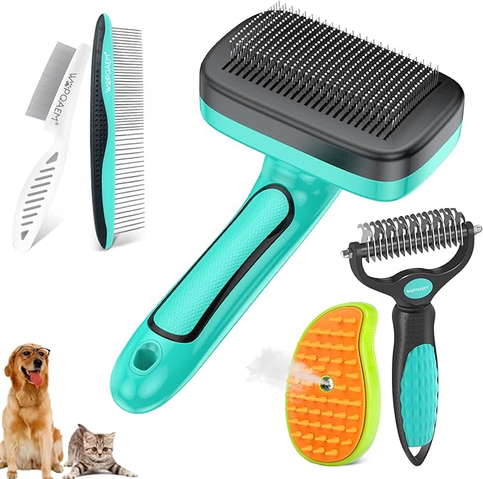 Dog Brush for Shedding Short Long Haired Cats, 5 in 1 Pet Grooming Kit for Small Medium & Large Animals. Removes Loose Fur, Mats, Tangled. Easy Cleaning. Undercoat Rake + Steam Brush Included