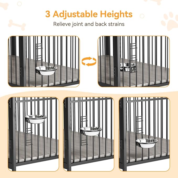 IDEALHOUSE Dog Crate Furniture, 39.8" L X 22.5" W X 38.6" H,Dog Crate Indoor with Adjustable Height Bowls, Wooden Heavy Duty, 39.8 Inch Dog Kennel Furniture for Medium Dogs,Grey