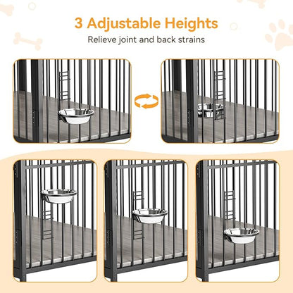 48" L X 30" W X 44.3" H Dog Crate Furniture, Dog Crate Indoor with Adjustable Height Bowls, Wooden Heavy Duty, 48 Inch Dog Kennel Furniture for Large Dogs,Grey