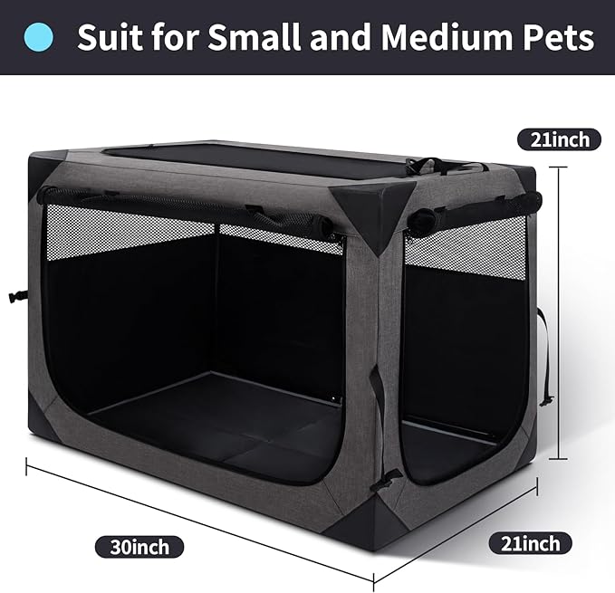 30 Inch Portable Travel Dog Crate, 3 Door Collapsible Soft Pet Kennel with Durable Mesh Windows for Medium Dogs, Foldable Dog Cage with Storage Pocket for Outdoor (Dark Grey)