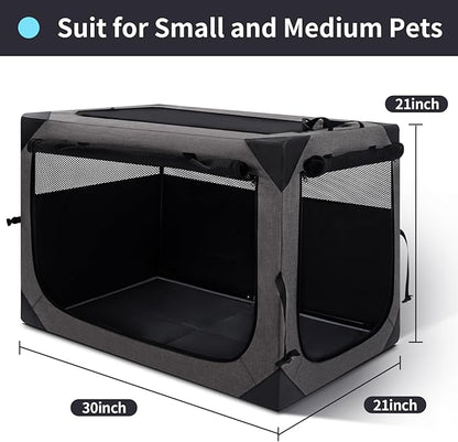 30 Inch Portable Travel Dog Crate, 3 Door Collapsible Soft Pet Kennel with Durable Mesh Windows for Medium Dogs, Foldable Dog Cage with Storage Pocket for Outdoor (Dark Grey)