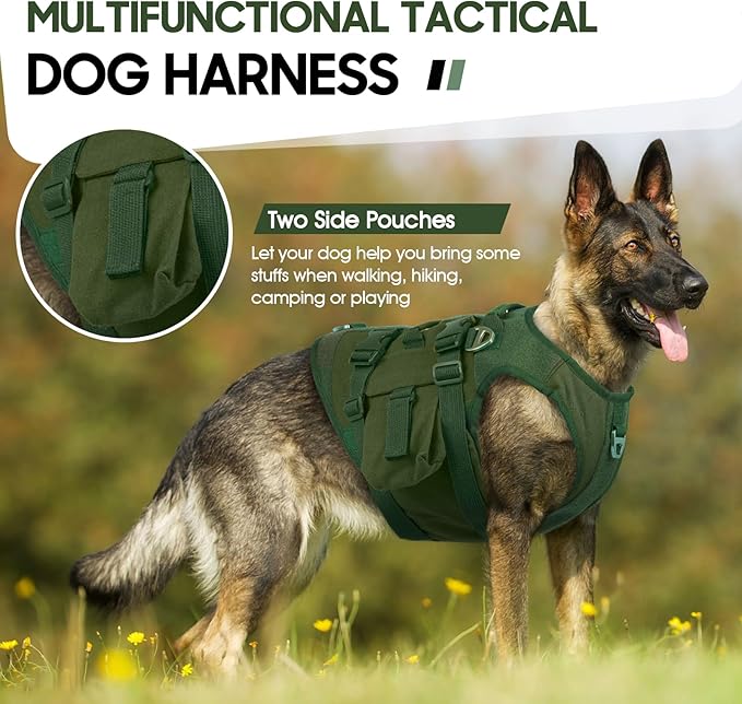 DORA BRIDAL Tactical Dog Harness, Service Dog Molle Vest with Handle, Military Dog Harness with Hook & Loop Panels, Heavy Duty No Pull Adjustable Dog Vest for Training, Walking, Hiking, Green M