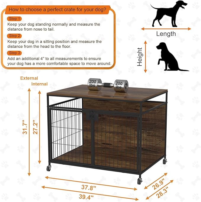 Dog Crate Furniture for Large Dogs, Wooden Dog Kennel with Double Doors, Heavy Duty End Table Dog Crate for Dogs Indoor, Rotating Wheels or Foot Pads,39.4" L x 28.3" W x 31.7" H