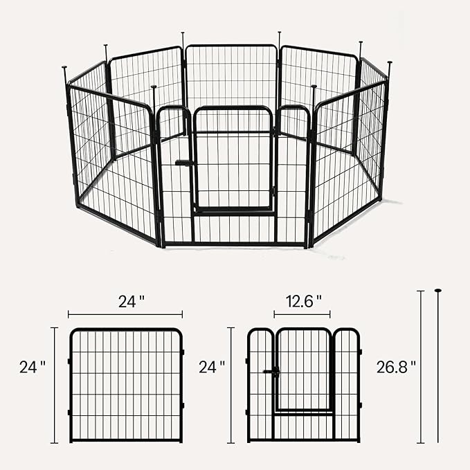 Amazon Basics Dog Playpen, 8 Panels Metal Fence with Door, Foldable for Indoor and Outdoor Use, Suitable for Small to Medium Sized Dogs, 24 Inch Height, Black