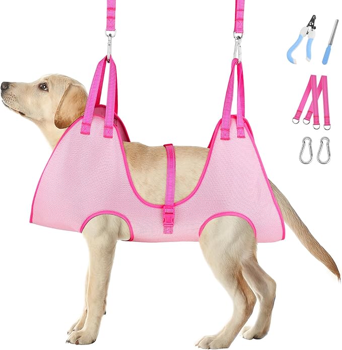 Dog Grooming Hammock, Adjustable Pet Grooming Hammock Restraint for Nail Trimming, Breathable Dog Sling Harness with Nail Clippers& Nail File (Pink, Large)