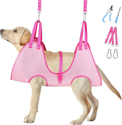 Dog Grooming Hammock, Breathable Cat Hanger Sling Harness Pet Grooming Hammock, Dog Sling for Nail Trimming, Cat Restraint Bag with Nail Clippers& Nail File (Pink, Small)