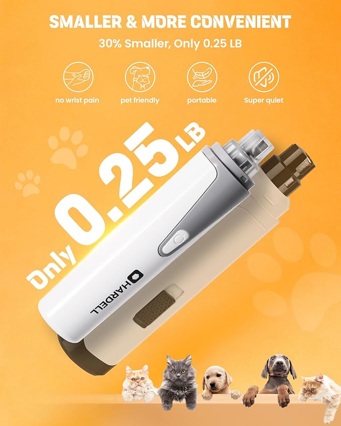HARDELL Dog Nail Grinder, Super Quiet Dog Nail Trimmers with 2 LED Lights & 3 Grinding Ports, USB Rechargeable and Cordless Safety Dog Nail Clippers Kit for Small Medium Dogs/Cats & Puppy