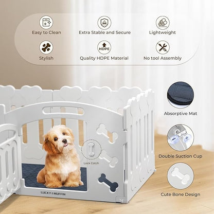Dog Playpen with Door & Whelping Box, 6-Panel Lightweight Plastic Fence for Small to Medium Pets, Indoor/Outdoor Use, Portable, Durable, Non-Slip, Easy Assembly (White, Regular, 6)
