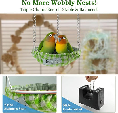 Waterproof Bird Bed with Adjustable Chain, Customizable Height Hanging Bird Hammock for Cage, Small Size Bird Nest with Durable Non-Collapsible Bottom, Bird Hut for Conures, Budgies (Green)