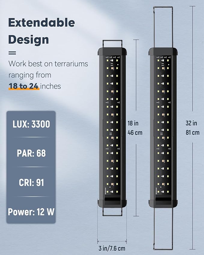 Pawfly 14 W UVB Light for Reptiles for 18" to 24" Terrariums Extendable Reptile Tank Light with Full Spectrum Brilliant with Day & Night Modes and Adjustable Brightness