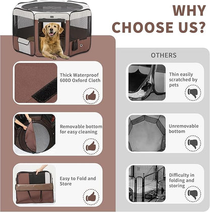 DONORO Dog Playpen 29" Portable Pet Play Pens for Small Dog/Cat/Rabbit/Chicks, Foldable Exercise Kennel Tent Crate Indoor/Outdoor Travel Camping, Removable Top/Bottom (Brown, Small (29"x29"x15"), 8)