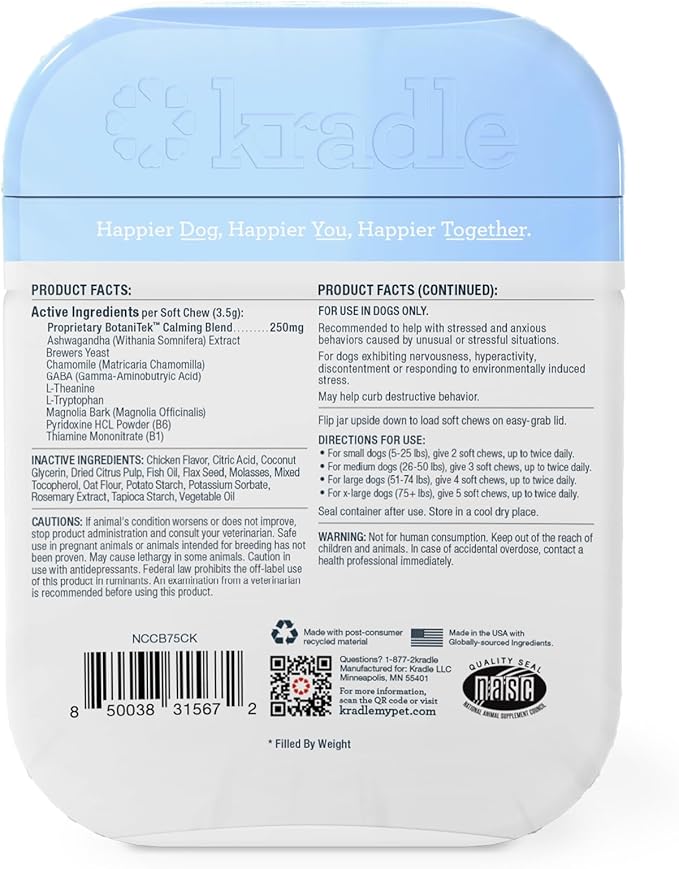 Kradle Calming Chews for Dogs - Anxiety and Stress Support - L-Theanine Ashwagandha GABA - Calming Supplement for Relaxation and Stress - Chicken Flavor- 150 Non-Drowsy Chews