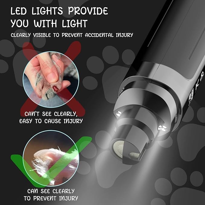 K&K Dog Nail Grinder with 2 LED Light for Large Medium Small Dogs Professional 2-Speed Powerful Electric pet Nail Clipper which Gentle and Painless Paws Grooming & Smoothing Tool (Black)