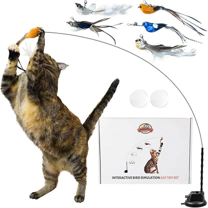 Interactive Bird Simulation Cat Toy Set, Interactive Cat Toys for Indoor Cats, Cat Feather Toy, Self-Holding Suction Base, 5 Replacement Birds, Feathers & Bells, Realistic Bird Impression