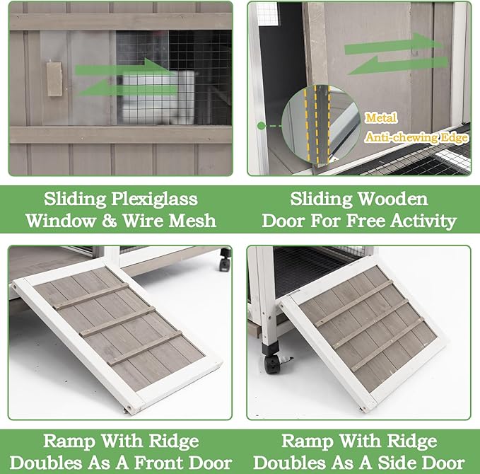 76.38"L Rabbit Hutch Indoor and Outdoor with 8 Wheels,Wooden Rabbit Cage with Pull Out Leak-Proof Tray for 2-4 Rabbits,Bunny Hutch with Asphalt Roof Suitable for Garden,Park,Living Room,Grey