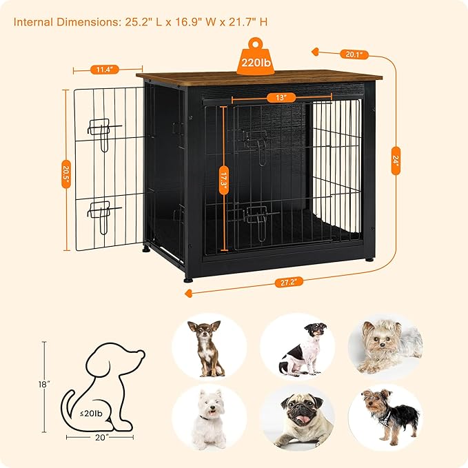 DWANTON Dog Crate Furniture with Cushion, Wooden Dog Crate with Double Doors, Dog Furniture, Dog Kennel Indoor for Small Dogï¼_nd Table, 27.2" L, Black+Warm Brown