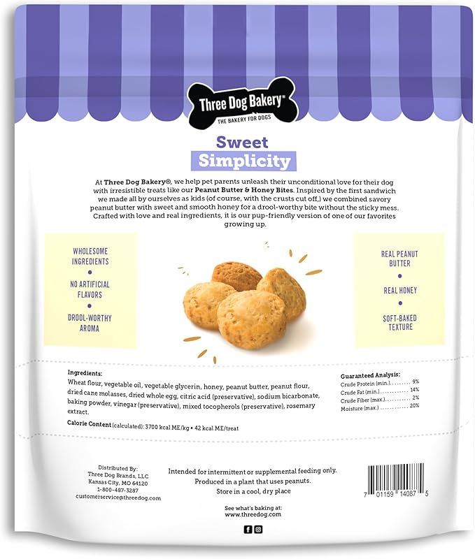 Three Dog Bakery Peanut Butter & Honey Bites - Dog Treats, Dog & Puppy Training Treats, Dog Biscuits, Mess-Free Snacks for Dogs, Human-Inspired Dog Treats