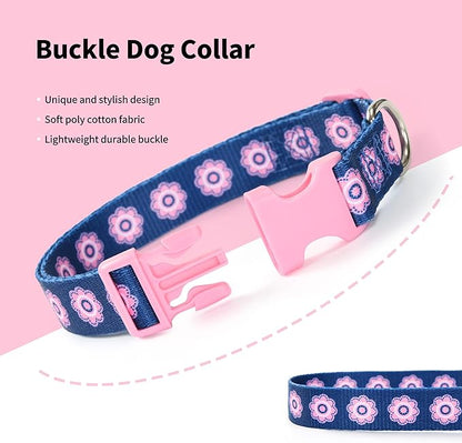 Mile High Life Dog Collar | Cute Puppy Collars | Lightweight Girl Dog Collar | Soft Boy Dog Collars | w Geometric Plaid Wave Line Pattern (Pink Flower, Large)