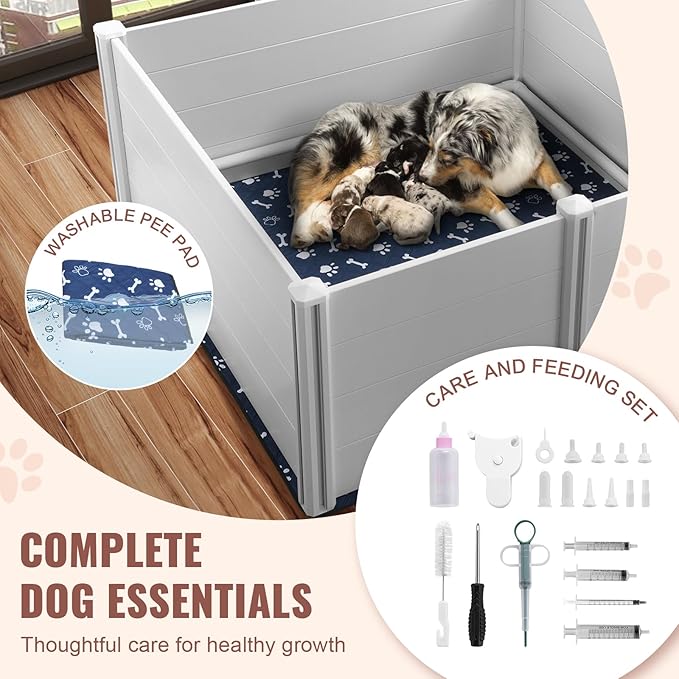 VEVOR Dog, 59.8 x 59.8 x 24.0in Whelping Box for Dogs and Puppies, Whelping Pen for Puppies, Dog Birthing Box with Rails and Washable Pee Pad, Whelping Box for Large Breed Dogs, White