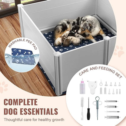 VEVOR Dog, 59.8 x 59.8 x 24.0in Whelping Box for Dogs and Puppies, Whelping Pen for Puppies, Dog Birthing Box with Rails and Washable Pee Pad, Whelping Box for Large Breed Dogs, White