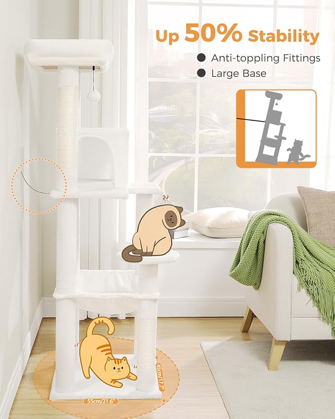 Cat Tree for Large Cats with Metal Plush Big Hammock, 56.3" Cat Tower for Indoor Cats with 2 Door Condo House, 6-Tier Cat Shelves with Scratching Posts and Large Top Perch, Cream White