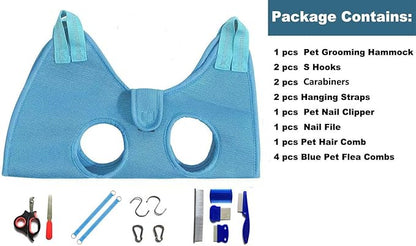 Dog Grooming Hammock with Flea Comb and Dog Nail Clipper, Pet Dog Grooming Hammock Harness with Cat Nail Clipper, Nail File and Dog Brush, Dog Sling for Nail Clipping/Nail Trimming (S, Blue)