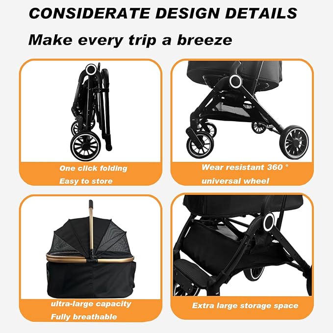 3 in 1 Folding Pet Stroller, Detachable Folding Medium and Small Pet Dog Cat Strollers with Storage Bins and Cup Holders Carbon Steel Frame 4-Wheel Pet Travel Stroller (Black)