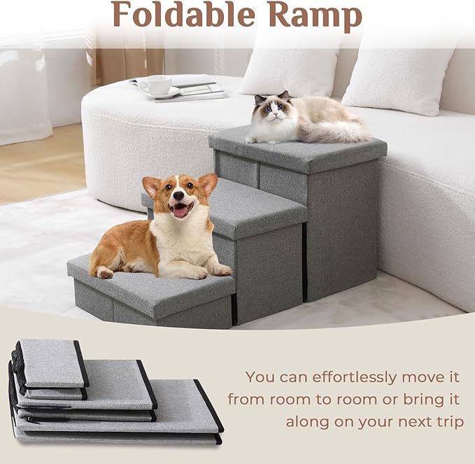 JOLLYVOGUE Dog Steps for Small Dogs, Cat Stairs with Storage, Non-Slip Dog Steps for Beds Couches, Foldable Pet Stairs Helper for High Beds, Dog Ramp for Small Cats, 3-Tiers, Hold Up to 200 lbs