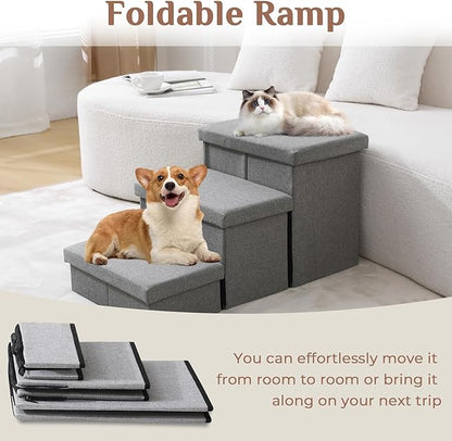 JOLLYVOGUE Dog Steps for Small Dogs, Cat Stairs with Storage, Non-Slip Dog Steps for Beds Couches, Foldable Pet Stairs Helper for High Beds, Dog Ramp for Small Cats, 3-Tiers, Hold Up to 200 lbs