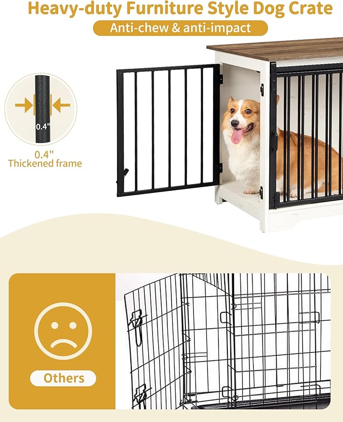 Dog Crate Furniture, 32" Double Door Dog Crate with Barn Door, Dog Kennel Indoor, End Side Table Wooden Dog Crates for Small Medium Large Dogs, Anti-Chew Anti-Escape, White Brown DFC83614B
